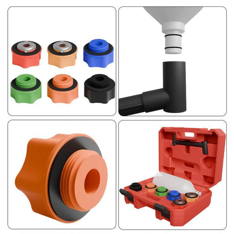 Top Tier Oil Funnel Kit With Flexible Spill Proof Designs And Color Coded Connectors For Fast Garage Oil Changes On Any Car Or Truck Without Extra Adapters includes color-coded caps and storage case.