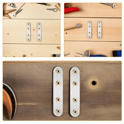 18 Piece Metal Mending Plates And Flat Wall Brackets Set for Furniture Reinforcement on wooden surface with tools around