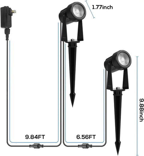 Low Voltage Outdoor Landscape Lighting 4 Pack IP65 Waterproof Path Lights dimensions and setup with plug and wires