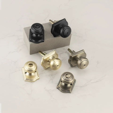 Old School Antique Brass Door Knobs With Camelot Trim, Privacy Interior Door Knob With Lock For Bath And Bedroom, Six Pack