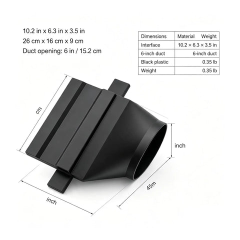 Straight Flow Under Garage Door Vent With Heavy Duty 6 Inch Duct Adapter For No Fuss Workshop Fume Exhaust And Quick Fit Sensor Safe Airflow Ventilation, black plastic, 10.2 x 6.3 x 3.5 inches.