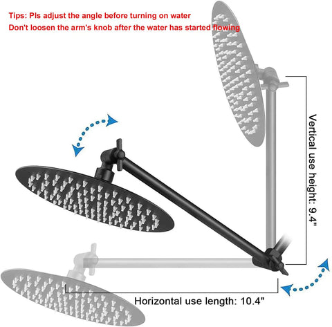 Adjustable Shower Arm 11 Inch Matte Black With Universal Connection Extension Arm For Any Shower Head Or Handheld Shower Easy To Install Anti Leak Upgrades Your Shower Experience With Full Body Rain Downpour illustration showing adjustable angles.