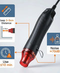 Close-up of Mini Heat Gun 300W Portable Hot Air Tool For Crafts And DIY Projects highlighting distance, usage time, and noise level.