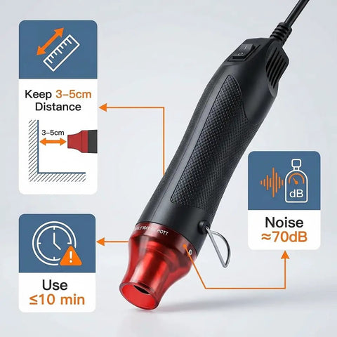 Close-up of Mini Heat Gun 300W Portable Hot Air Tool For Crafts And DIY Projects highlighting distance, usage time, and noise level.