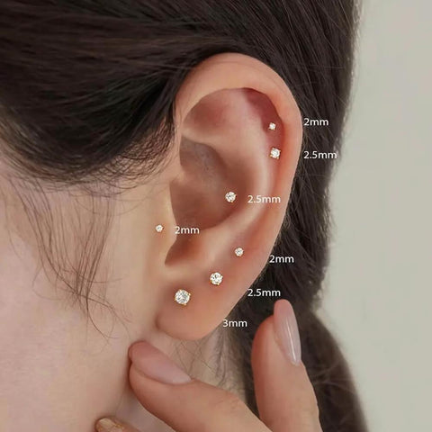 Threadless Flat Back Earrings Set For Tragus Cartilage Nose Lip Medusa Piercings, 18G 316L Surgical Steel Gold Tone CZ ends