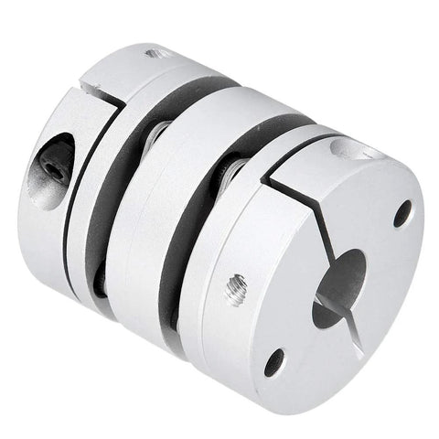 Aluminum motor coupling connector, two-piece clamp-style shaft sleeve with set screws, silver