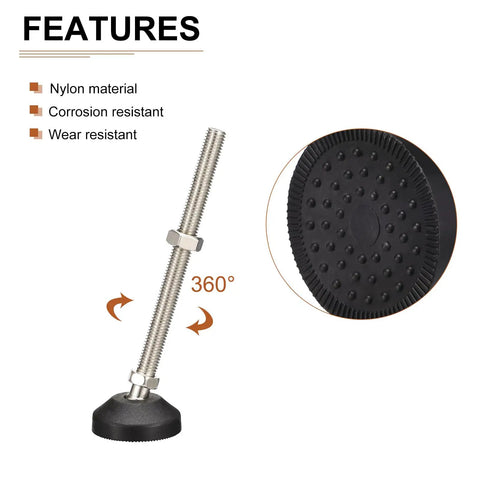 Snag These Heavy Duty Black Nylon Adjustable Leveling Feet With M12 Threads And Grip Tight Swivel Bases close-up showing nylon base and threaded rod feature.