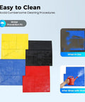 4 Pack 24x24 Concrete Stamping Mats Set With Realistic Slate Texture in yellow, black, blue, and red shown with cleaning instructions