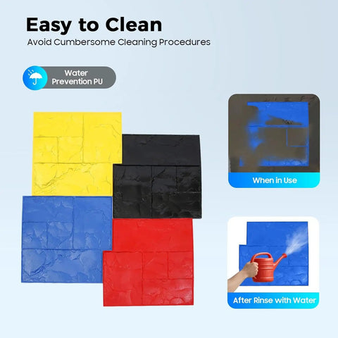 4 Pack 24x24 Concrete Stamping Mats Set With Realistic Slate Texture in yellow, black, blue, and red shown with cleaning instructions