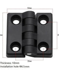 Concealed Hinge Set for Doors and Cabinets, 10 pcs black nylon plastic butt hinge with dimensions and drill holes.