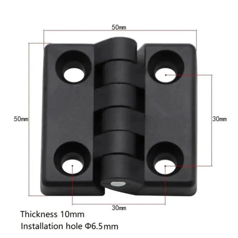 Concealed Hinge Set for Doors and Cabinets, 10 pcs black nylon plastic butt hinge with dimensions and drill holes.