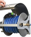 Beast Mode Stainless Steel Garden Hose Reel Kit Wall Mounted Or Portable Crank Rig, featuring 40-meter blue and green hose.