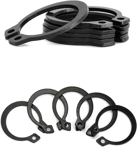 Super Tough 5 Pack Snap Rings For Gears And Bearings Heavy Duty C-Clips in black finish, showcasing various sizes for machinery repairs.