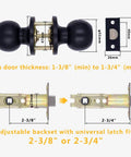 Diagram showing dimensions of 8 Pack Matte Black Privacy Door Knobs Interior Passage Round Lockset for Bedroom and Bathroom with adjustable latch fit.
