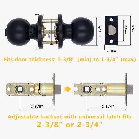 Diagram showing dimensions of 8 Pack Matte Black Privacy Door Knobs Interior Passage Round Lockset for Bedroom and Bathroom with adjustable latch fit.