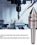 MT2 Live Center For Lathe Tailstock With 60 Degree Center Tip, Triple Ball Bearing System in high carbon steel, shown near CNC machine.