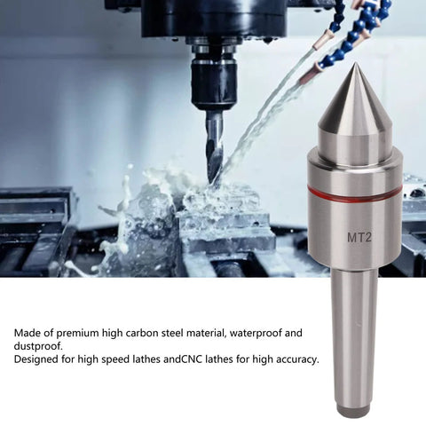 MT2 Live Center For Lathe Tailstock With 60 Degree Center Tip, Triple Ball Bearing System in high carbon steel, shown near CNC machine.