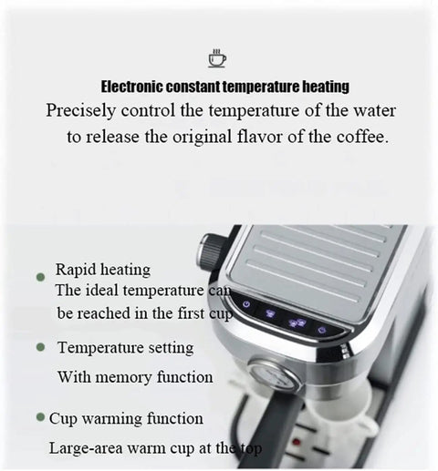 Top Shelf Semi Automatic Espresso Machine With 15 Bar Pump Pressure For Bold Italian Shots Built From Sleek Stainless Steel and silver trim, highlights electronic temperature control.