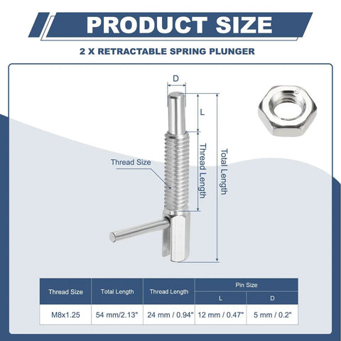 Top Shelf Rock Solid Retractable Indexing Plunger Pin Set M8x1.25 detailed dimensions including total length and thread size.