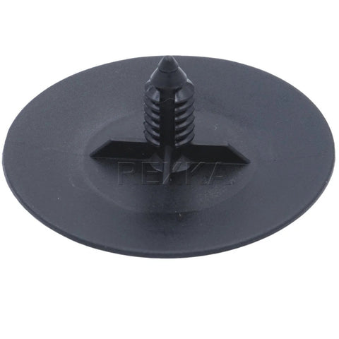 Rexka hood panel insulation retainer clip, black plastic with ribbed screw-in post