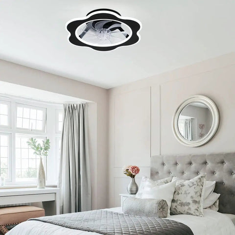 Low Profile Ceiling Fan With Light Modern Flush Mount LED Dimmable Remote Control With Hidden ABS Blades in bedroom.
