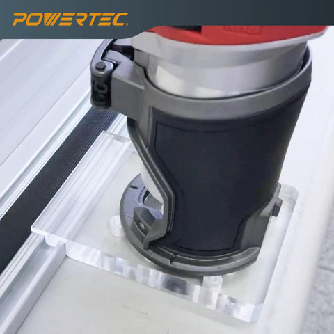 Heavy Duty Guide Rail Adapter For Fixed Base Trim Routers Locks Snug To DeWalt Makita Or Milwaukee Tracks For Dead Straight Cuts And Zero Drift Performance On Any Workshop Build, shown with router on clear acrylic base.