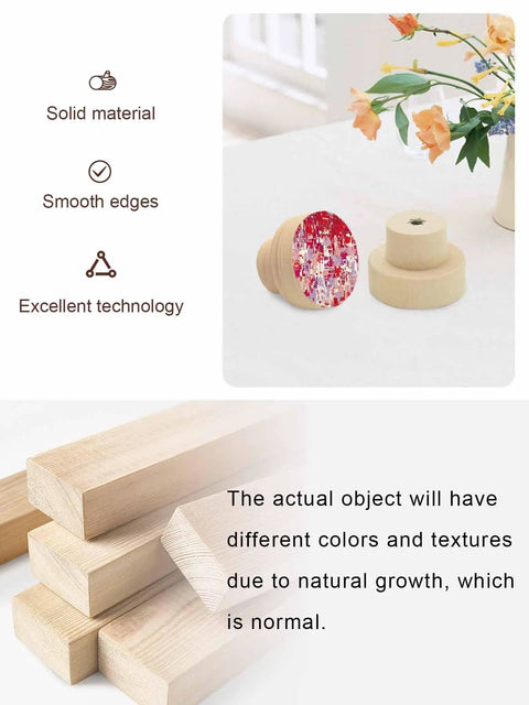 Killer Red Abstract Painted Wooden Cabinet Knobs 2 Piece Set 1.4 Inch Round Drawer Pulls For Kitchen Cabinets displayed on a table.