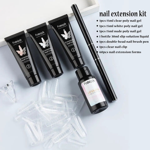 Poly Extension Gel Nail Kit With Slip Solution And Dual Builder Forms For A Home Mani, Includes Three 15ml Gels In Clear White Pink