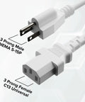 10 Foot 3 Prong Computer Power Cord C13 To NEMA 5-15P IEC 320 White for PC Monitor Server and Medical Equipment 18 AWG 125V 10A