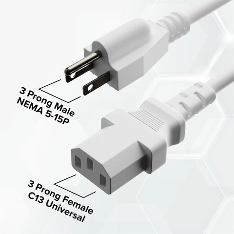 10 Foot 3 Prong Computer Power Cord C13 To NEMA 5-15P IEC 320 White for PC Monitor Server and Medical Equipment 18 AWG 125V 10A