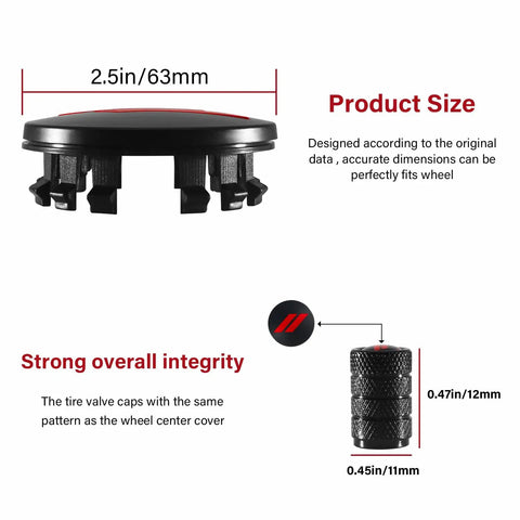 Dimensions of 4 Pack 63mm Slash Wheel Center Cap Covers Red For Dodge Charger Challenger Durango Journey Dart Avenger Hornet R/T SRT Hub Caps With Valve Stem Caps, Durable Non Fading Rim Trim Replacement
