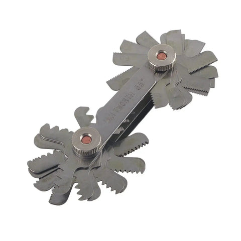 52 Piece Stainless Steel Thread Gauge Set With 60 Degree Metric And Imperial Thread Pitch Gauges And 55 Degree Imperial Gauges Screw Pitch Measuring Tool For Internal And External Threads For DIYers And Pros, showing various gauge blades fans out.