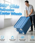 Reliable Peel Stick Mini Caster Wheels White Four Pack No Sweat Furniture Sliders Tool Free Quick Install Smooth 360 Spin Rollers for moving a blue container.
