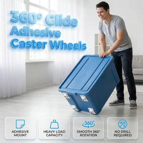 Reliable Peel Stick Mini Caster Wheels White Four Pack No Sweat Furniture Sliders Tool Free Quick Install Smooth 360 Spin Rollers for moving a blue container.