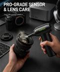 Person using Ultra Fast Air Duster Pro For Drones And Cameras, 150000 RPM Electric Blower for lens cleaning kit.