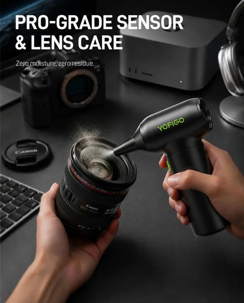 Person using Ultra Fast Air Duster Pro For Drones And Cameras, 150000 RPM Electric Blower for lens cleaning kit.