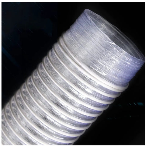 Close-up of Heavy Duty 1 Meter Dust Collection Hose For Woodworking Gear And Shop Vac Tanks in clear corrugated PVC.