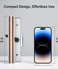 Clamp Style Aluminum Sliding Patio Door Handle Set With White Woodgrain Finish next to smartphone for size comparison