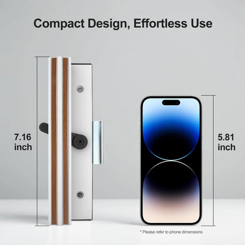 Clamp Style Aluminum Sliding Patio Door Handle Set With White Woodgrain Finish next to smartphone for size comparison
