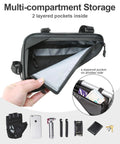 Open Water Resistant Bike Frame Bag And Under Seat Triangle Pouch For Mountain And Road Bikes showing pockets and zippers