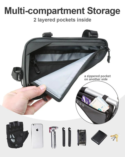 Open Water Resistant Bike Frame Bag And Under Seat Triangle Pouch For Mountain And Road Bikes showing pockets and zippers