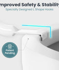 Adjustable Toilet Safety Rail With Rock Solid Stability And Hella Strong Build For Seniors And Elderly Adults Featuring No Fuss Mounting and smooth everyday use in any home bathroom, showing L shape hooks.