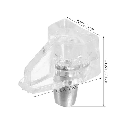Close-up of a single clear plastic shelf support peg with dimensions; part of Clear Plastic Shelf Support Pegs Set Of 100 Self Locking Pins For Cabinet Shelves No Fuss Install For Wardrobes Wine Cabinets Glass Fixtures Easy Setup Stable Durable Furniture Organizer.