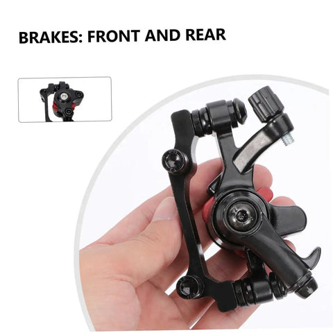 Mechanical Bike Disc Brake Kit Front And Rear Upgrade With 160mm Rotors, Forged Aluminum Calipers, black brake caliper detail in hand.