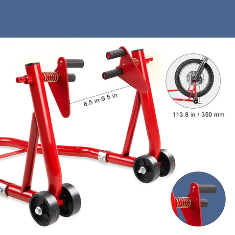 Heavy-Duty Front And Rear Paddock Stand Set With 850 Lb Capacity Bike Lift Wheel Stands With Adjustable Swingarm Spool Forks