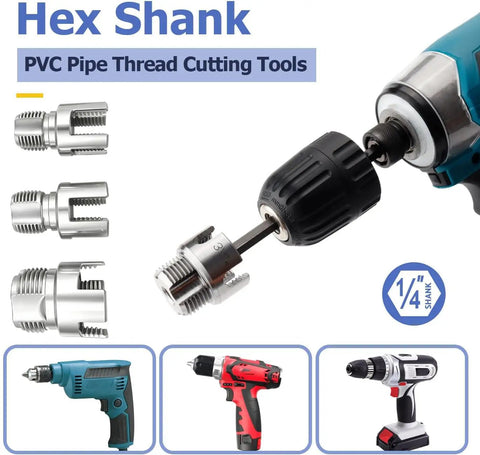 Pro Grade PVC Pipe Threader Kit with Step Drill Bit showing hex shank attachment and three PVC pipe cutters