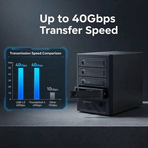 Rock Solid USB C External Storage 4 Bay Sata Hdd Ssd Enclosure with speed comparison chart showing up to 40Gbps transfer speed.