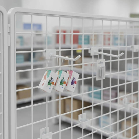 Square Profile Metal Grid Hook For Retail Displays, secure mount hanger on grid shelving with hanging merchandise.