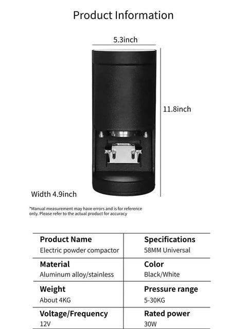 58 Mm Electric Espresso Tamper With Adjustable Pressure For Smooth Pulls Daily And Home Barista Essential, showing dimensions and specifications.