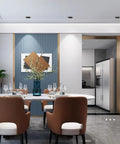 Top Shelf Led Recessed Downlights With 7W Cob Bulbs And 3.3 Inch Trim illuminating a modern dining room with brown chairs.